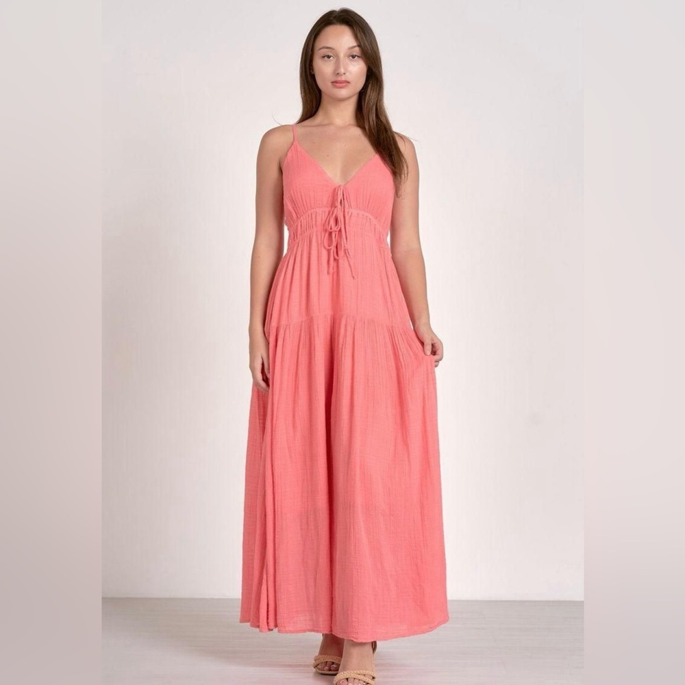 Elan Spaghetti Strap Pink /Coral Maxi Dress with Tie Front NWT Size Small